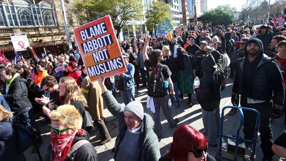 Anti-racism protesters face off with the far-right groups United Patriots Front and Reclaim Australia groups at Parliament House in Melbourne, Australia, on Saturday