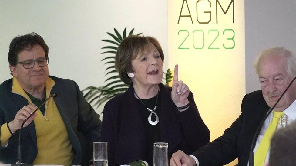 Mark Attanasio, Delia Smith and Michael Wynn-Jones at the 2023 Norwich City AGM