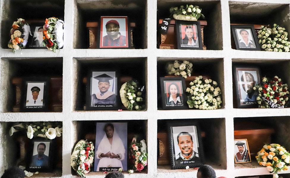 Portraits of victims of the crashed accident of Ethiopian Airlines are displayed during the mass funeral at Holy Trinity Cathedral in Addis Ababa, Ethiopia, on March 17, 2019