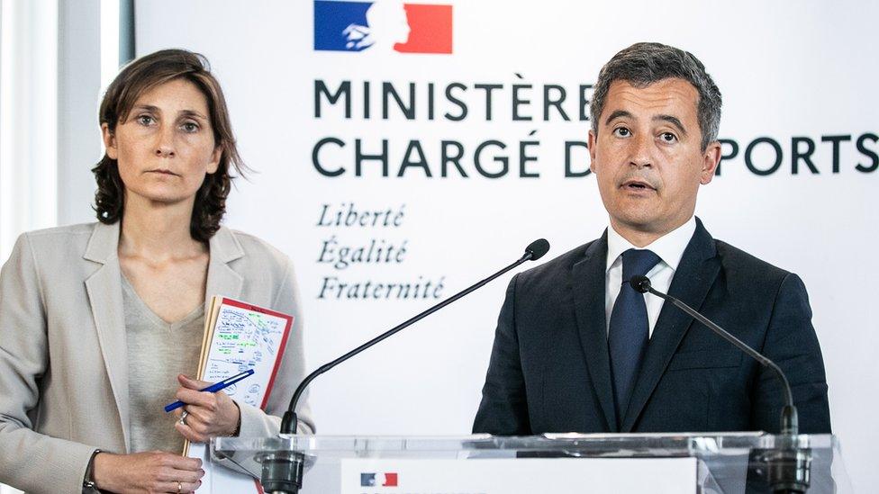 French Sports Minister Amelie Oudea-Castera and French Interior Minister Gerald Darmanin