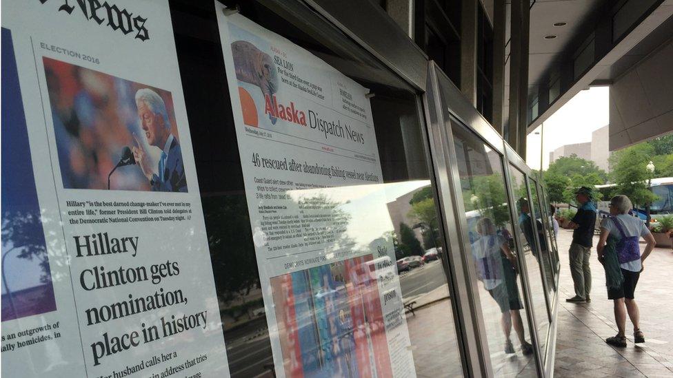 The Newseum in Washington displays front pages from 50 states - Hillary Clinton is only on 19 of them