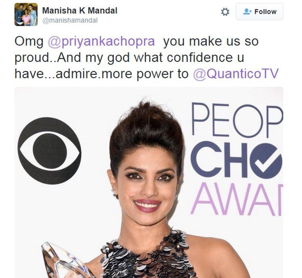 Manisha Mandal: Omg @priyankachopra you make us so proud..And my god what confidence u have...admire.more power to @QuanticoTV