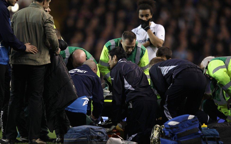 Fabrice Muamba of Bolton Wanderers receives CPR treatment on the pitch after suddenly collapsing during the FA Cup Sixth Round match between Tottenham Hotspur and Bolton Wanderers