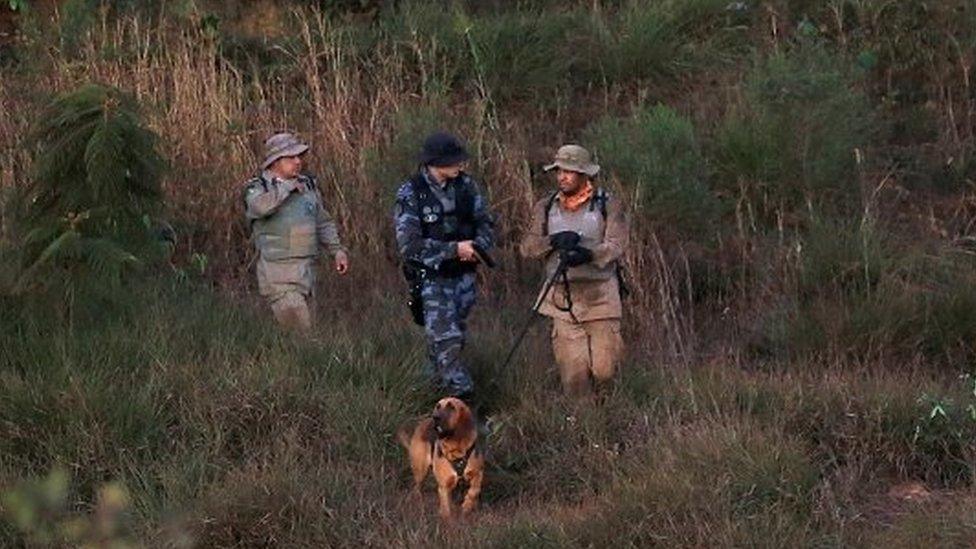 Police officers with a K-9 dog participate in a manhunt for suspected serial killer Lazaro Barbosa de Sousa in Cocalzinho de Goias, Goias state, Brazil June 22, 2021.