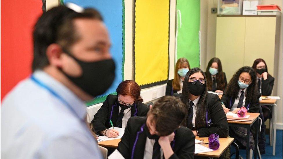 Teacher and pupils in masks at school