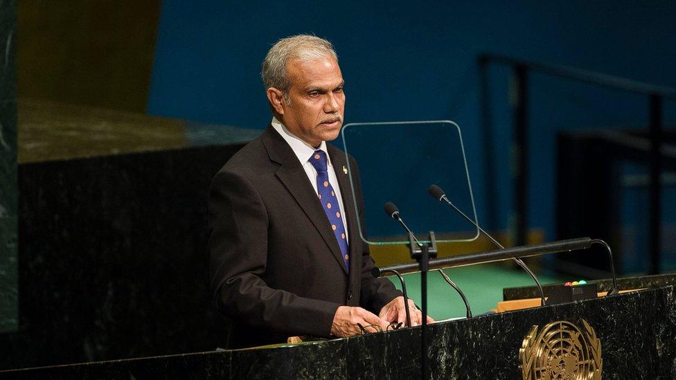 Maldives' Foreign Minister Mohamed Asim addresses the 71st session of the United Nations General Assembly at U.N. headquarters, Saturday, Sept. 24, 2016.