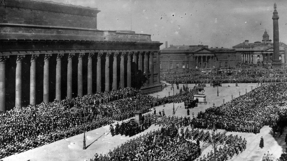 The parade of various sections of the New Army of 12,000 men outside St George's Hall