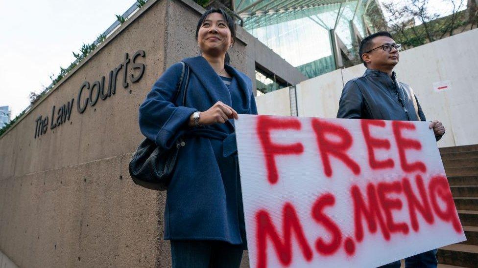 Protesters gathered outside the Vancouver court where arrested executive Meng Wanzhou was seeking bail