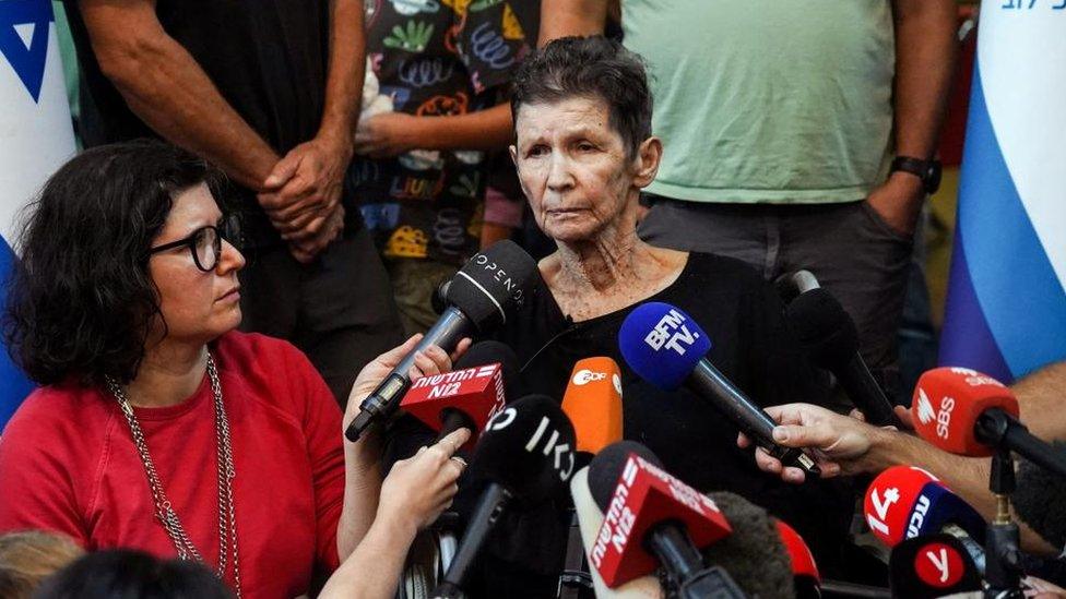 Yocheved Lifshitz and her daughter Sharone speak to members of the press at Ichilov Hospital in Tel Aviv, Israel October 24, 2023