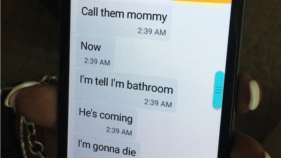 Mina Justice shows a text message she received from her son Eddie Justice at Pulse nightclub during a fatal shooting in Orlando, Fla., Sunday, June 12, 2016.