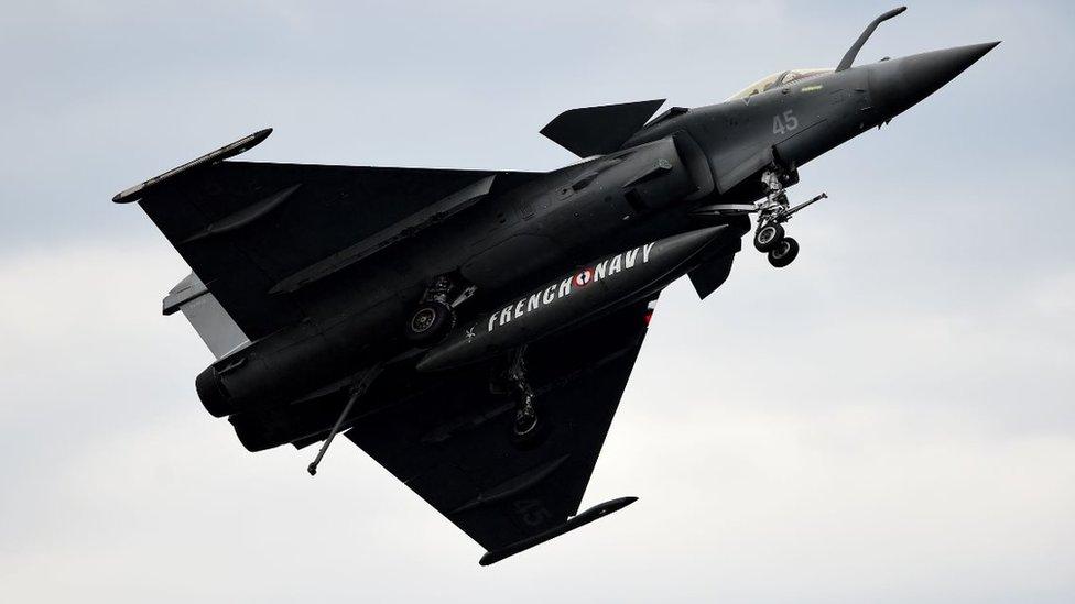 Rafale fighter jet of the French Navy performs during the International seaplane show in Biscarrosse, southwestern France, on June 9, 2018