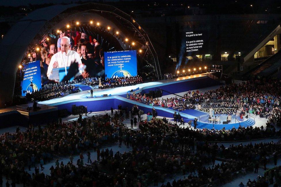 Pope Francis speaks to the thousands of people gathered at Dublin's Croke Park for the Festival of Families