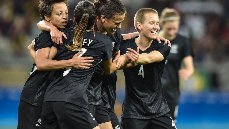 Amber Hearn of New Zealand celebrates a goal against Colombia in August 6, 2016 in Belo Horizonte, Brazil.