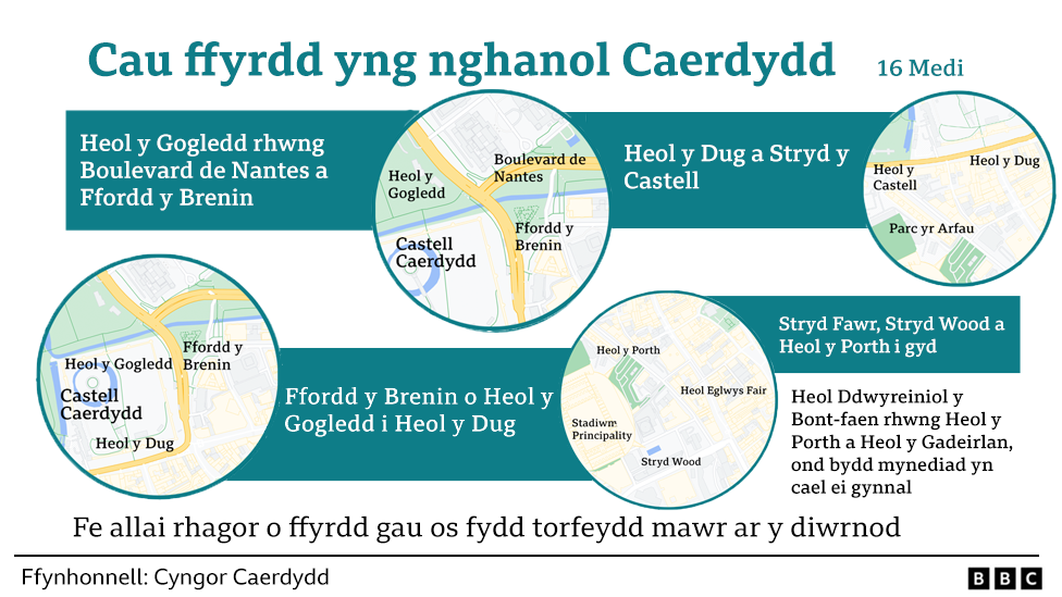 Cau ffyrdd ar gyfer ymweliad y Brenin