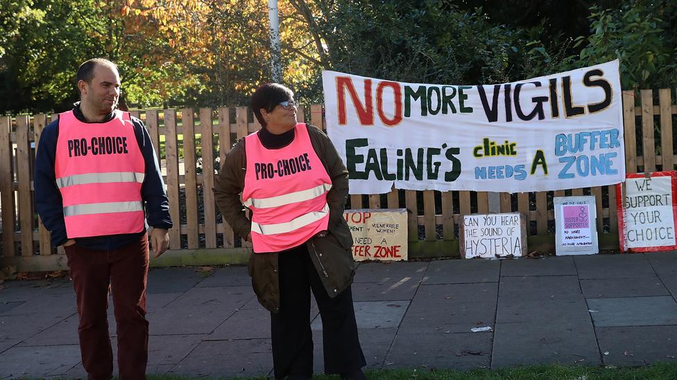 Placards and banners in support of a Public Space Protection Order are placed outside the Marie Stopes Abortion Clinic