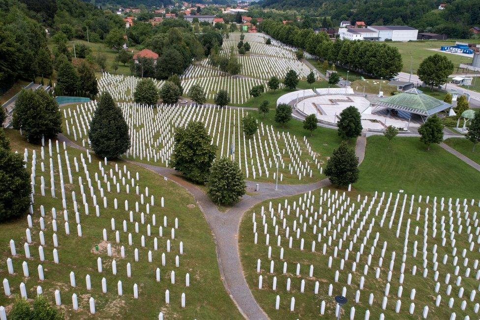 An aerial view of the Memorial Center in Potocari near Srebrenica, Bosnia and Herzegovina, 6 July 2020