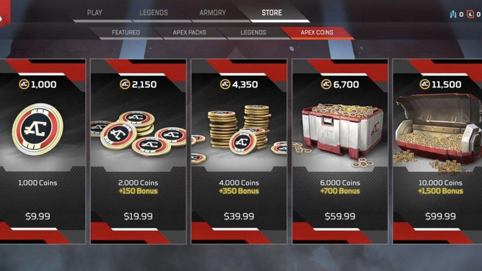 Image from the game showing how players can spend money