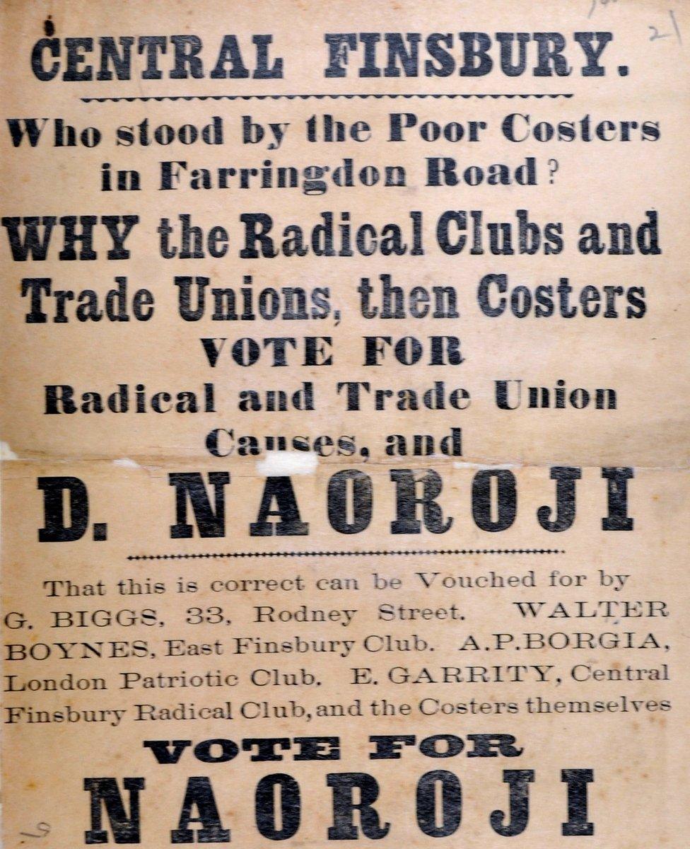 Central Finsbury flier states Naoroji's support for trade unions and "costers," British street hawkers selling vegetables and fruits, who faced eviction from streets in Naoroji's constituency.