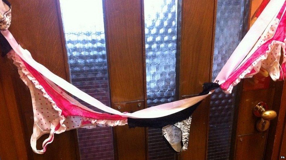 Image of pants and other underwear on Sir Christopher Chope's office door - supplied to PA by fellow MP Caroline Lucas