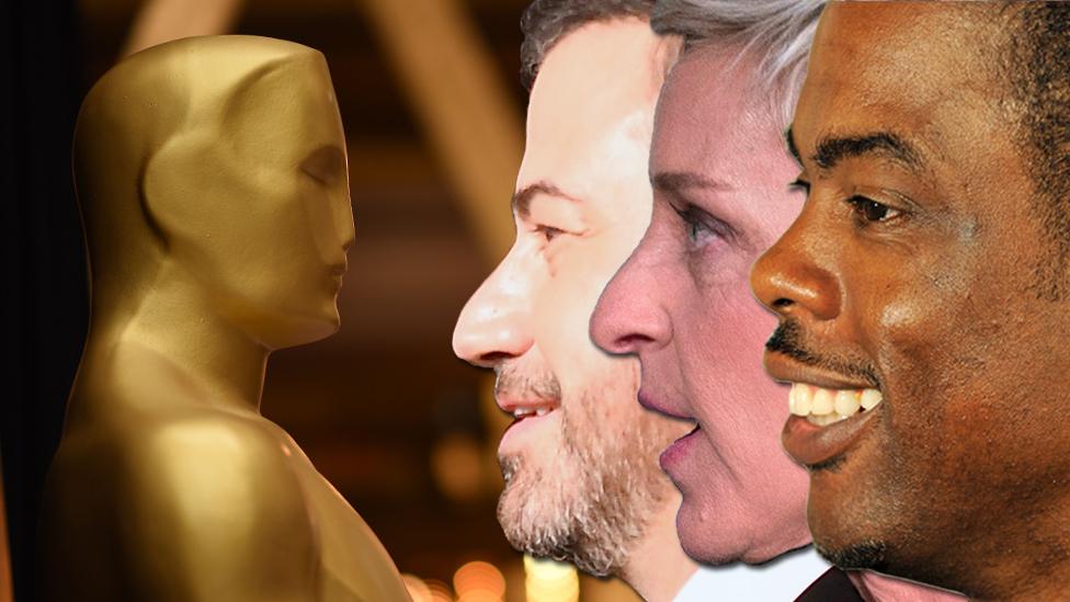 Previous Oscars hosts Jimmy Kimmel, Ellen DeGeneres and Chris Rock facing the Oscars statuette