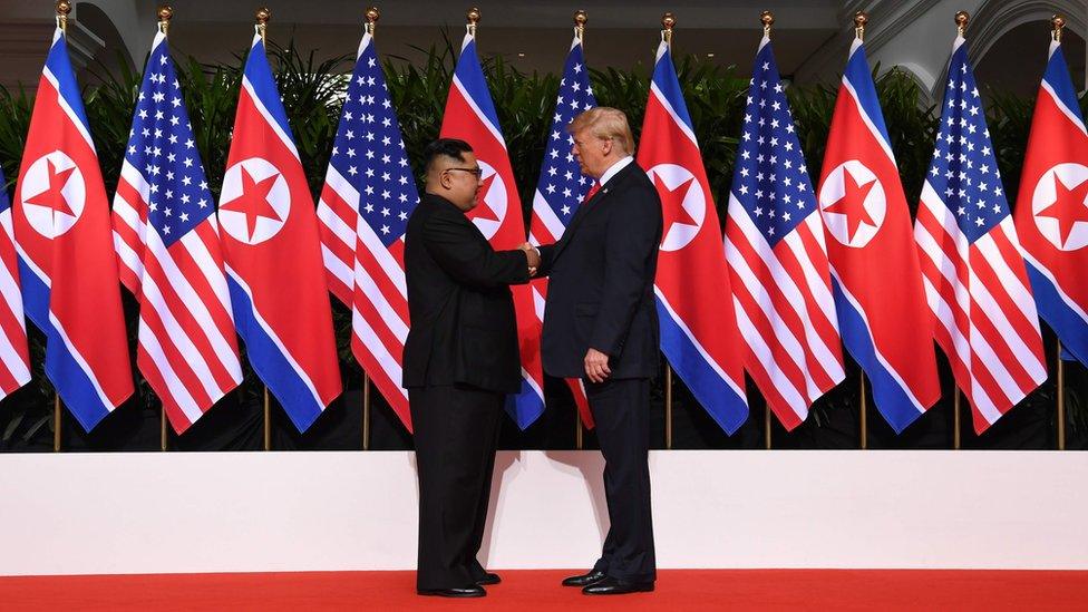 US President Donald Trump shook hands with North Korea's leader Kim Jong Un