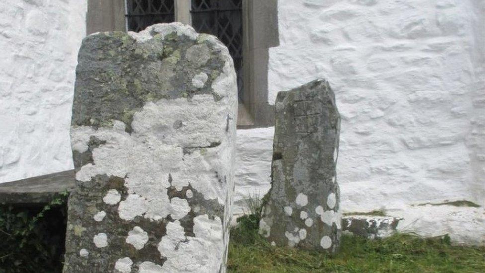 Two inscribed stones at St Digain’s Church, Llangernyw