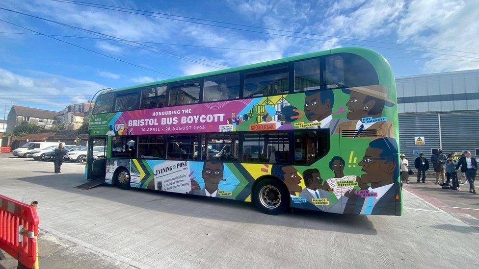 Clear view of one side of the decorated bus at Easton bus station