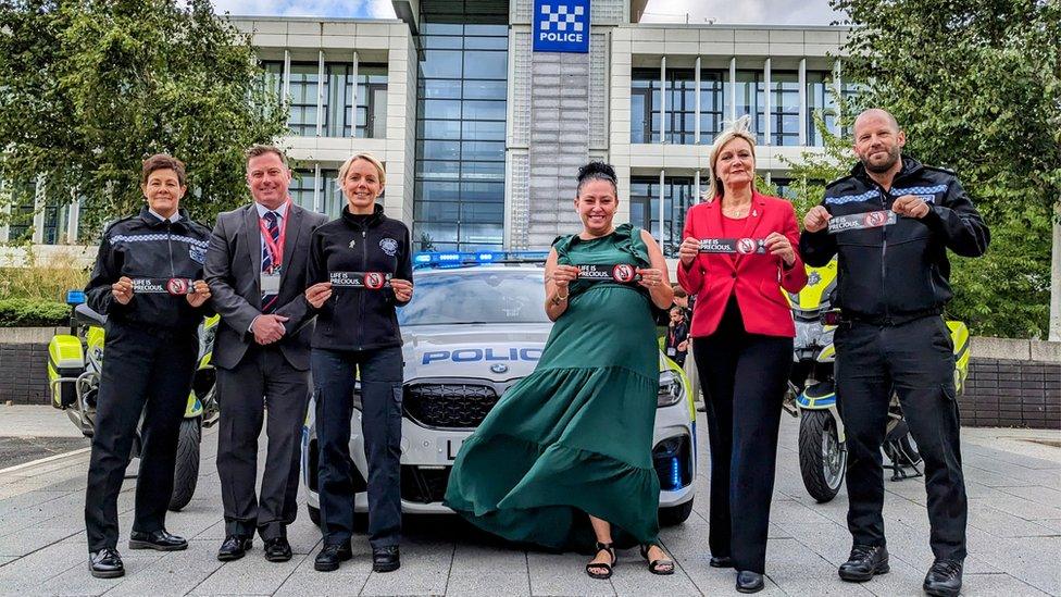 L-R Assistant Chief Constable Tonya Antonis, Jonathan Slee from Durham County Council, Det Con Natalie Horner, Mariellena Johnson, PCC Joy Allen, and Insp Kevin Salter