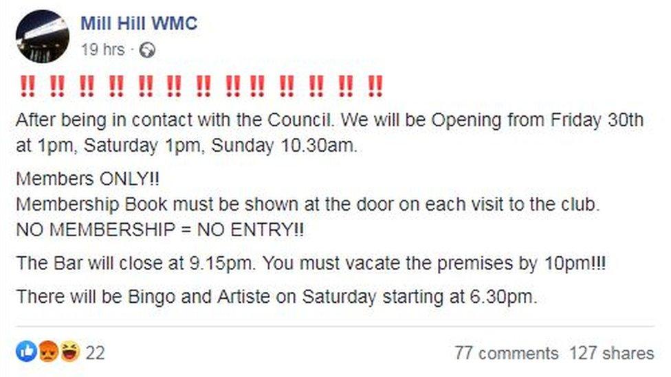 Facebook post from Mill Hill Working Men's Club