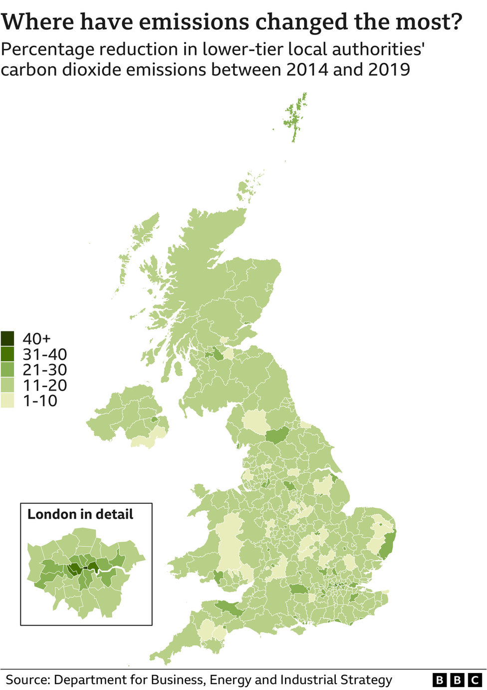 Map showing emissions reductions in the UK since 2010 by local authority