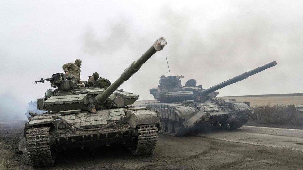 Ukrainian army tank units drive towards Kherson's frontline on the way to Kherson on November 18, 2022.