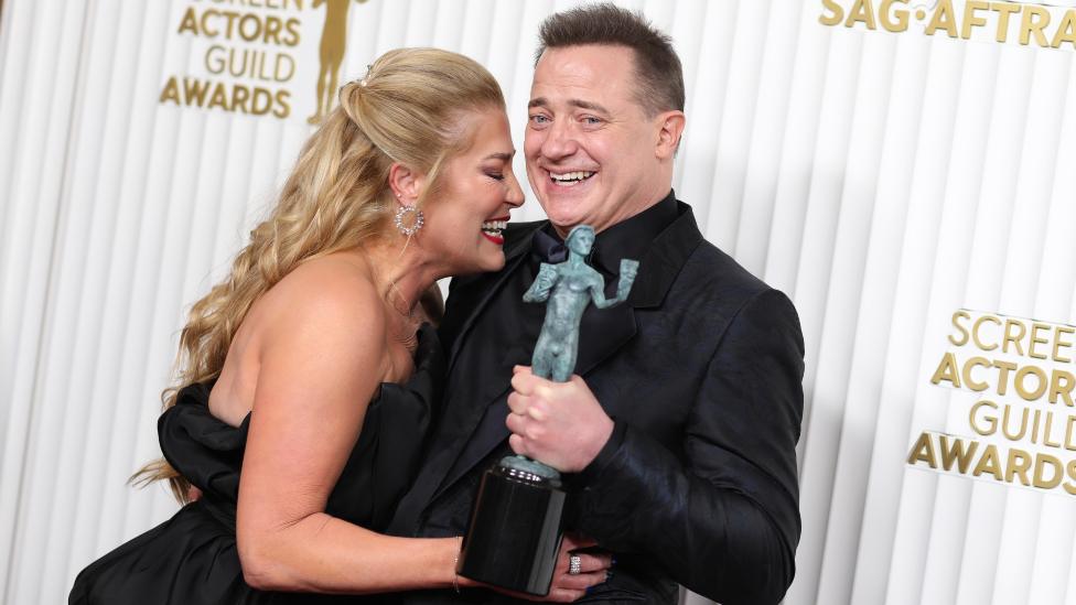 Jeanne Morre (L) with Brendan Fraser as he holds his award for Make Actor in a Leading Role for The Whale during the 29th Annual Screen Actors Guild Award, held at the Fairmont Century Plaza in Los Angeles on February 26th, 2023