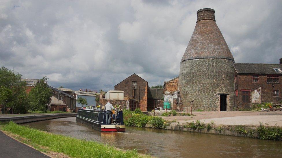 Stoke on Trent, with canal and bottle kiln. - stock photo