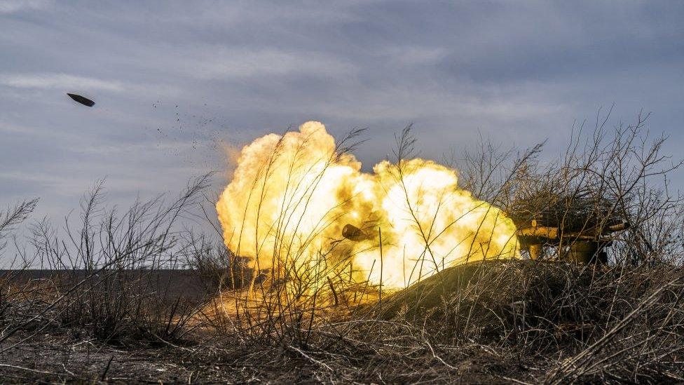 Ukrainian soldiers firing artillery at their fighting position as the Russia-Ukraine war continues in the direction of Bakhmut, Donetsk