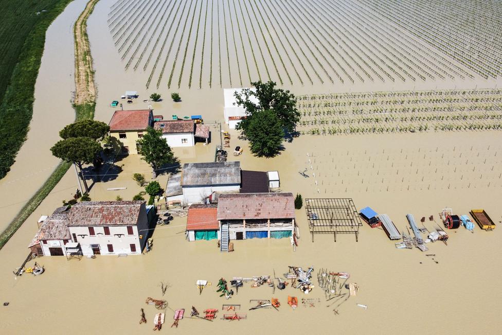 An aerial view shows the flooded village of Borgo di Villanova, near Ravenna, northern Italy