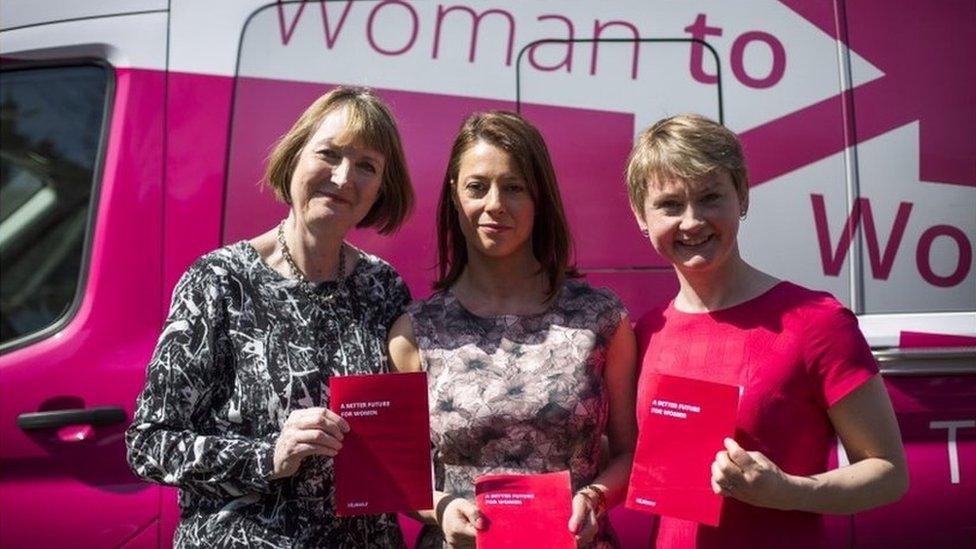 Harriet Harman, Gloria de Piero and Yvette Cooper pose in front og Woman to Woman bus in the run-up to the 2015 election