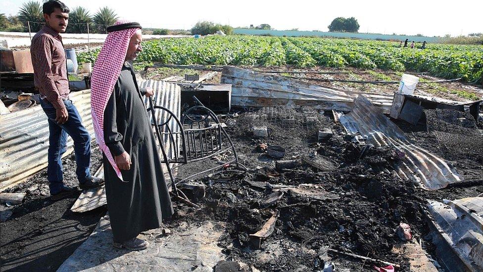 The remains of a home where several Pakistani farmers were killed in a fire in the town of South Shouna in Jordan. 2 December 2019