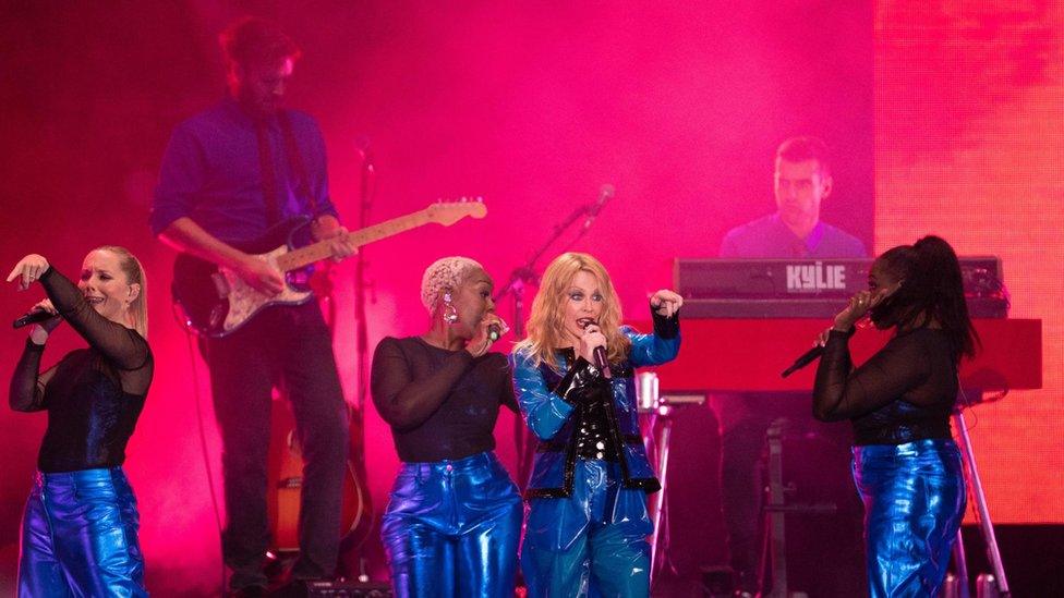 Kylie Minogue performing on stage at Radio 2 in the Park at Victoria Park in Leicester