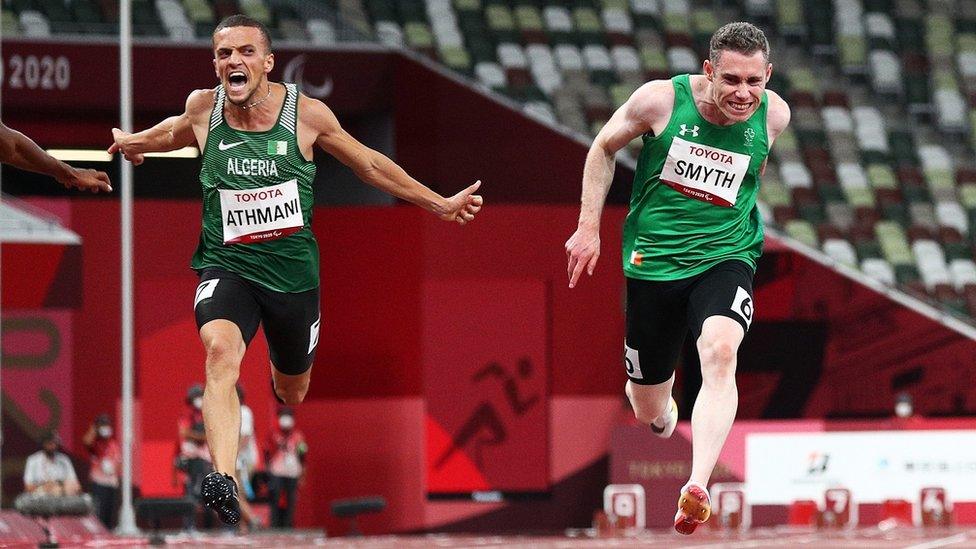 Jason Smyth crossing the finish line