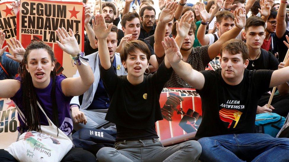 Catalan activists protest outside Spanish National Police headquarters in Barcelona, Catalonia, 26 October 2019