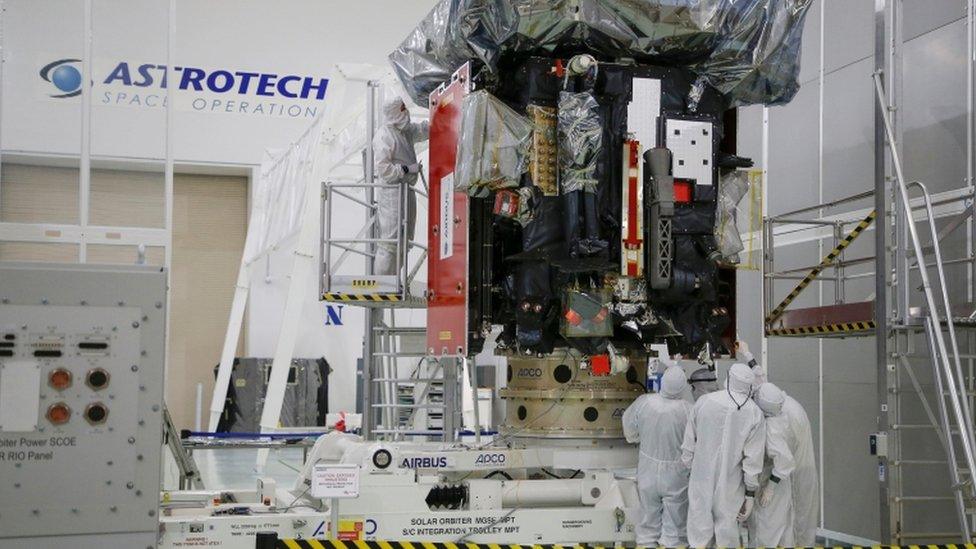 The Solar Orbiter spacecraft, built for NASA and the European Space Agency, is shown as technicians prepare for launch in February in Titusville