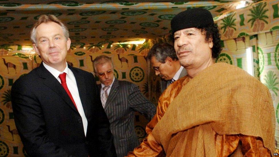 Tony Blair meeting former Libyan leader Muammar Gadaffi in 2007
