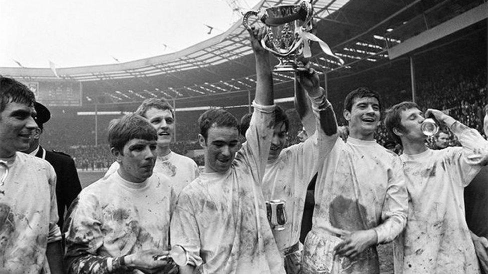 Swindon Town players Joe Butler, John Trollope, Peter Noble, Don Rogers, Stanley Harland and Chris Jones