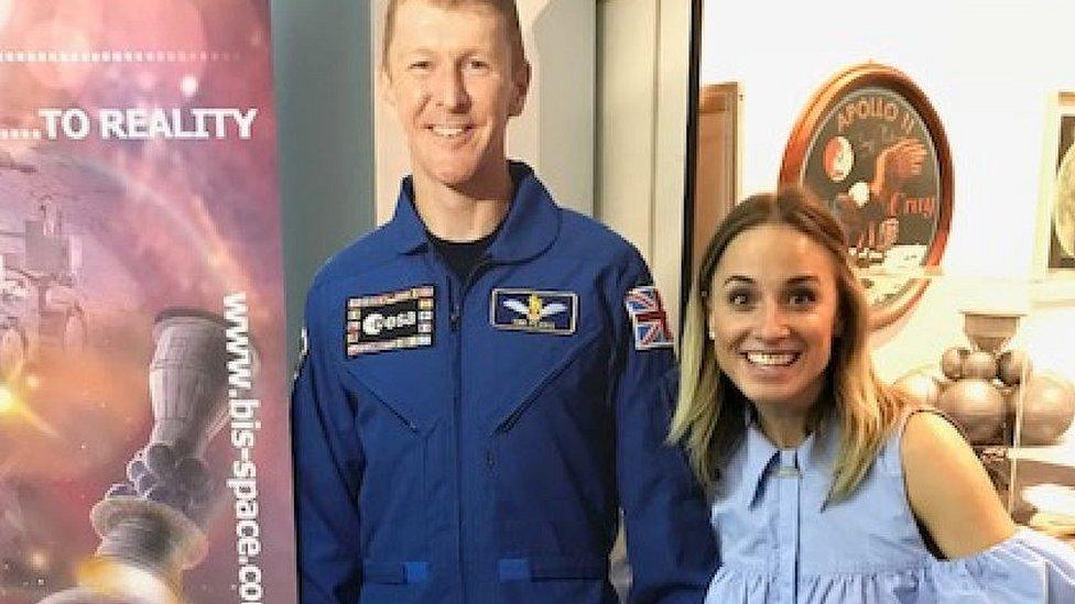 Jenny Lister with a cardboard cut-out of Tim Peake