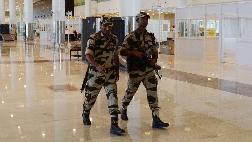 Armed Central Industrial Security Force (CISF) patrol at a new international arrival terminal, developed under an airport modernisation programme in Chennai on 28 September 2018