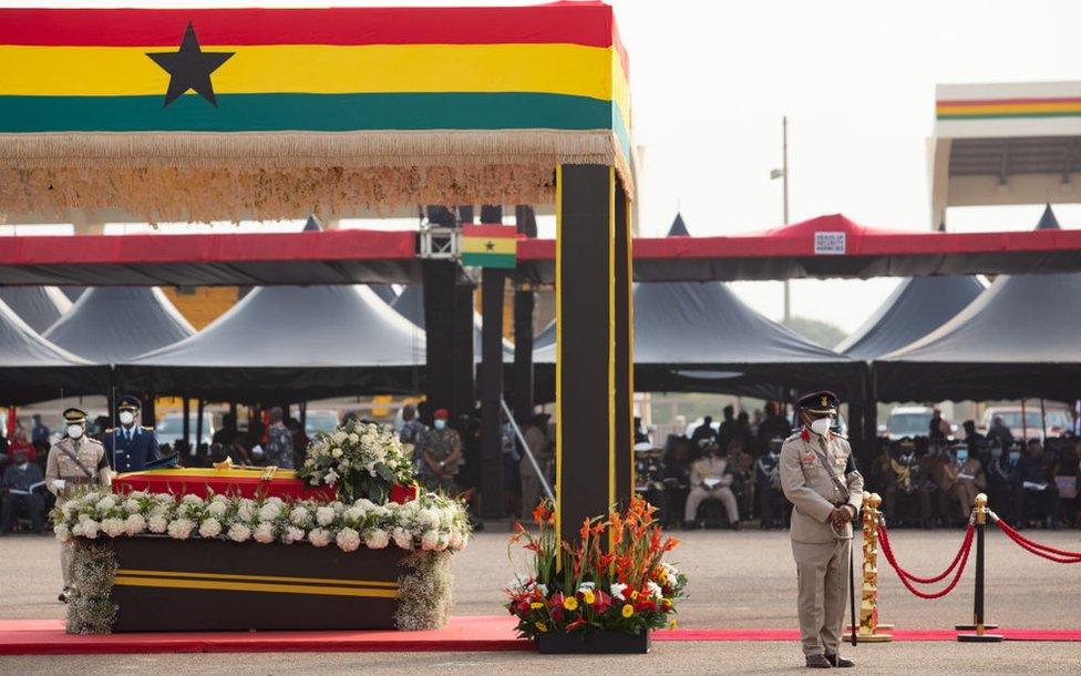 The casket of former Ghana President Jerry John Rawlings is seen during his final funeral rites in Accra, Ghana, on January 27, 2021. - Former Ghana President Jerry John Rawlings died in November 2020 at the age of 73 and his funeral was initially scheduled for December 23, 2020 but was postponed, due to what the foreign ministry called "unforeseen circumstances".