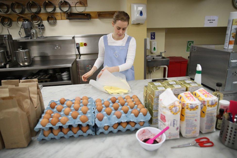 Sophie Cabot preparing and baking parts of Princess Eugenie's red velvet and chocolate wedding cake at Buckingham Palace in London