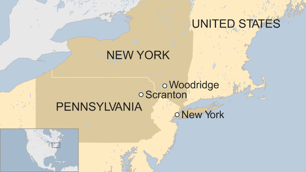 Map showing New York, the village of Woodridge, and Scranton, Pennsylvania