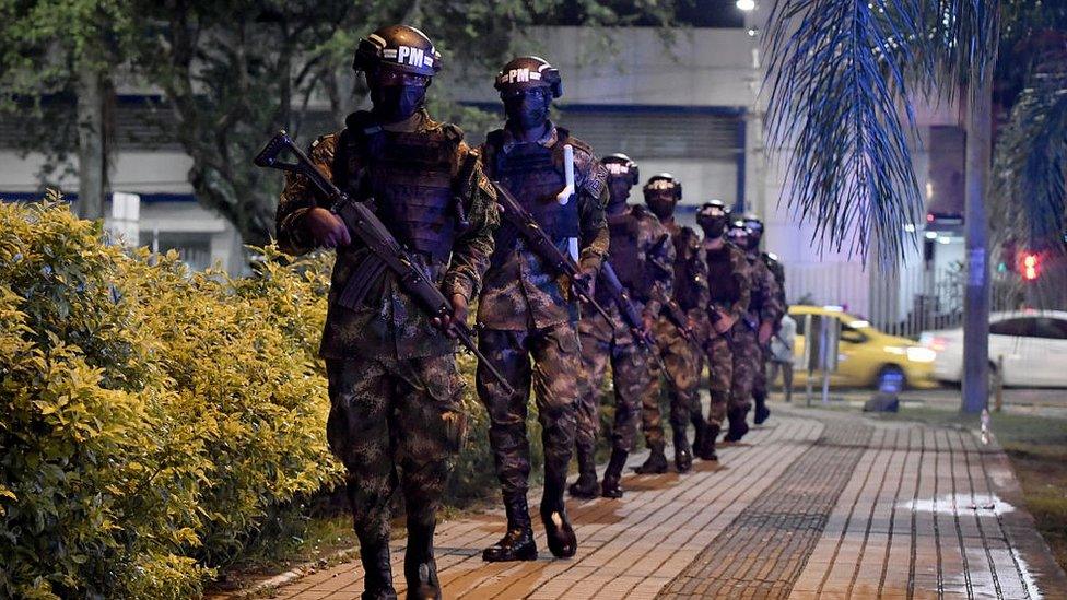 Soldiers patrol the Pan-American fields sector a day after protests against the government of Colombian President Iván Duque on May 29, 2021 in Cali