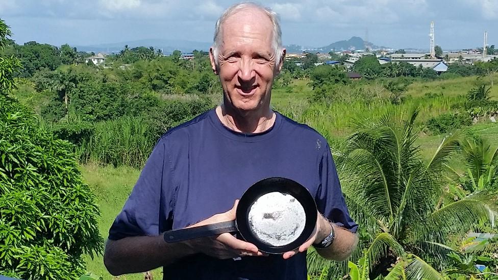 Charlie Dodds with his dad's omelette pan